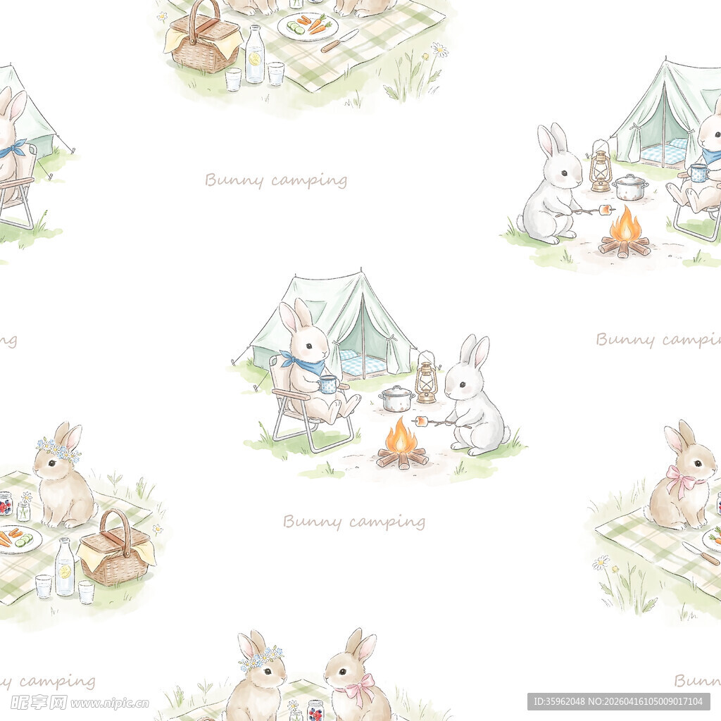 可爱兔子露营插画图案