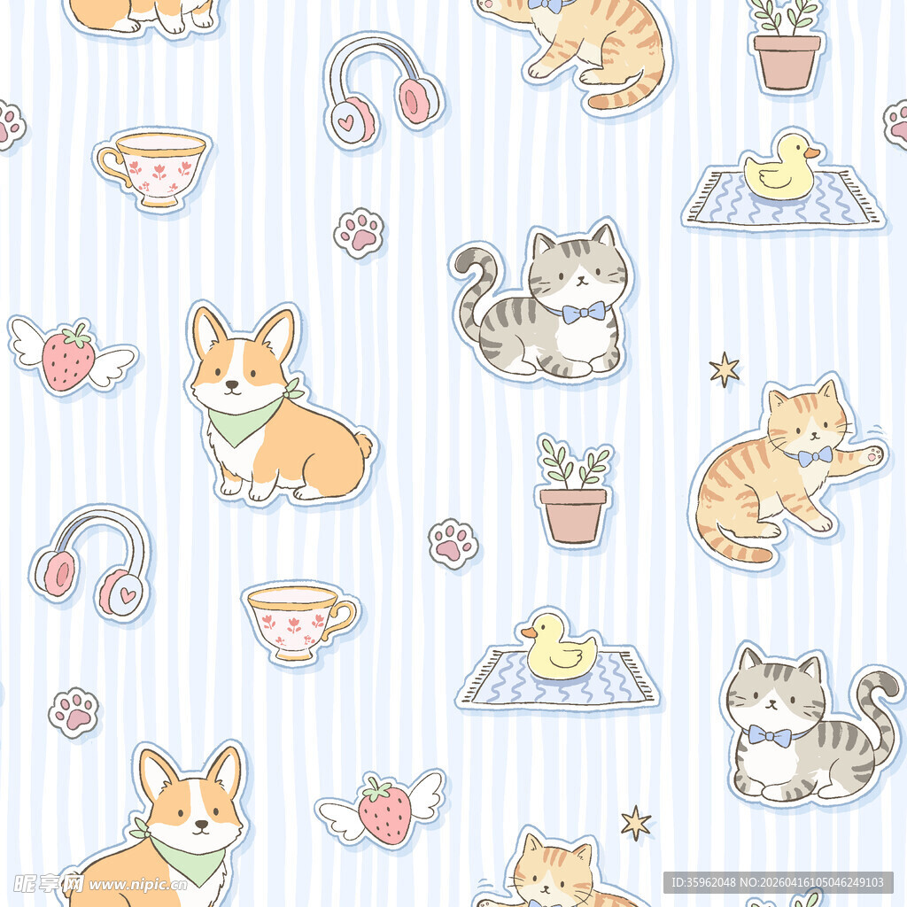可爱猫咪与柯基无缝图案