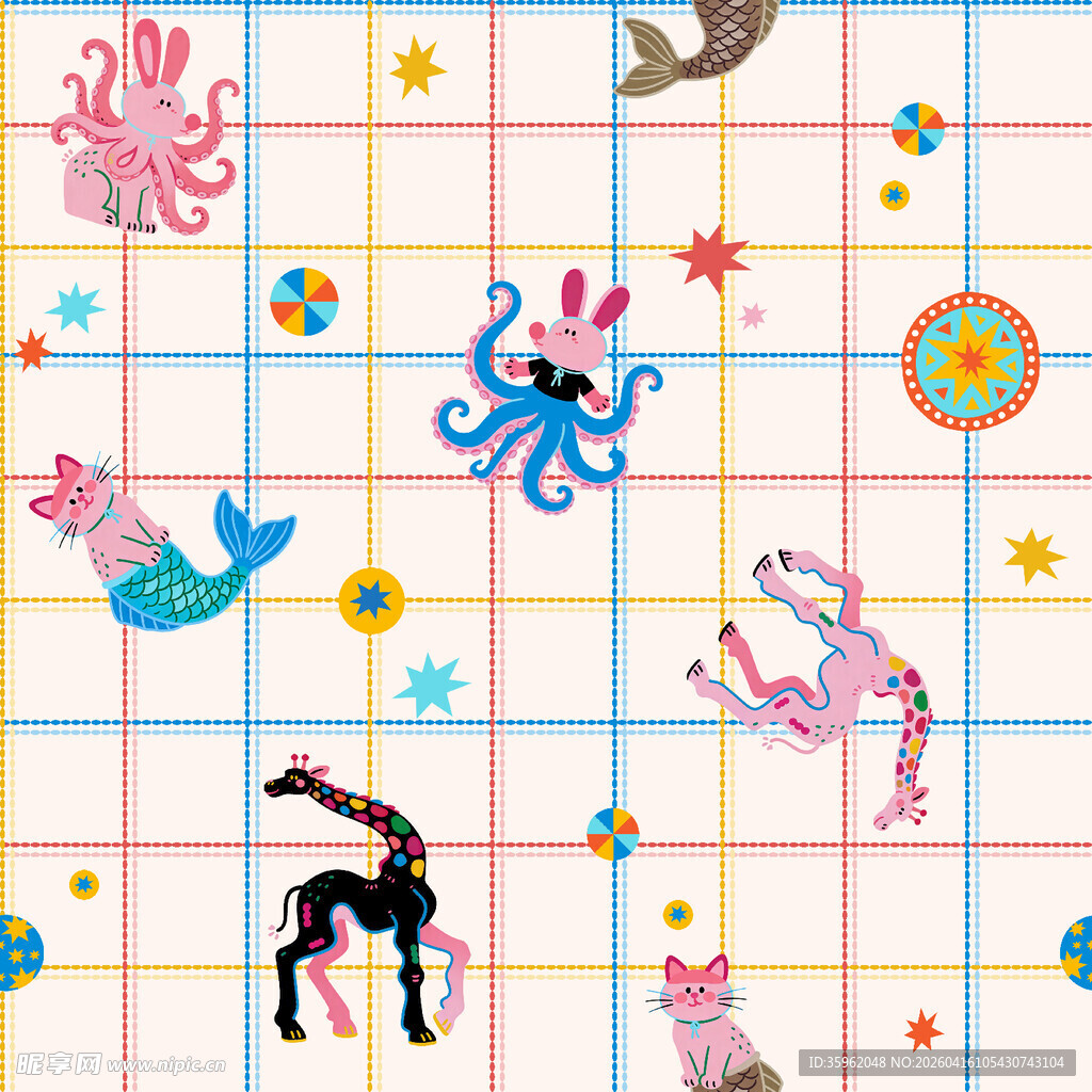 卡通动物格子图案背景
