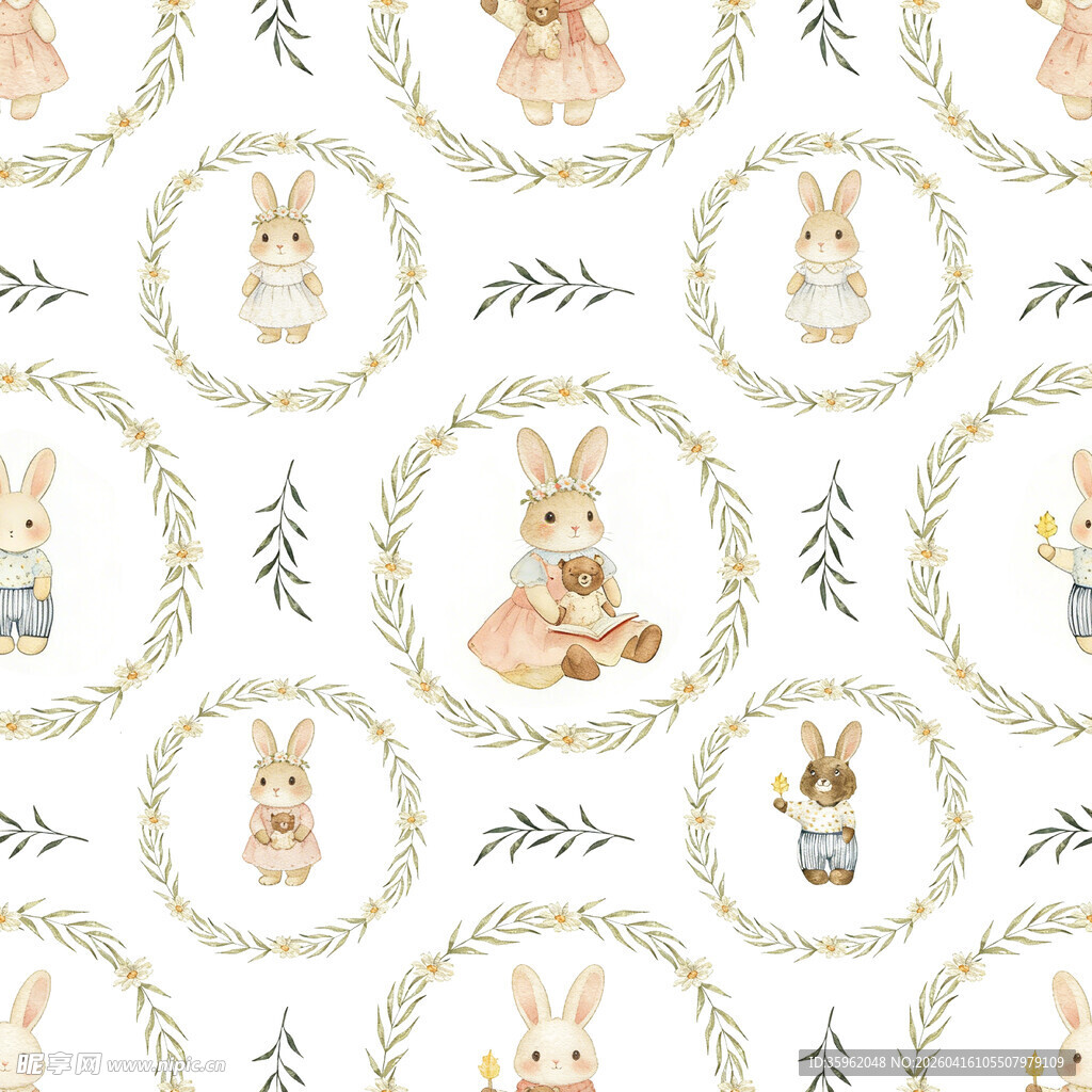 水彩风兔子花环无缝图案