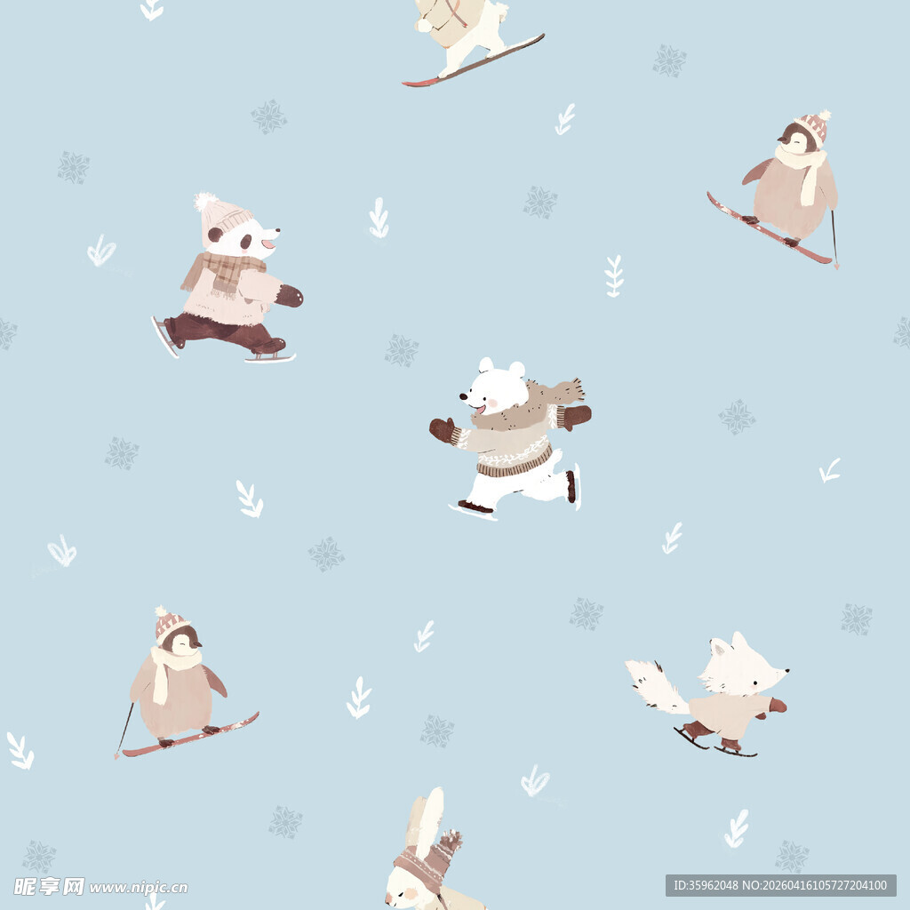 可爱动物雪地滑雪图案