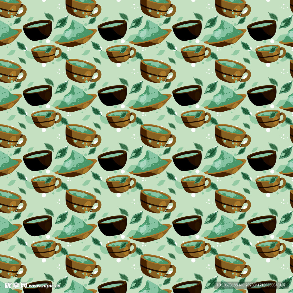 抹茶咖啡杯与叶子图案背景