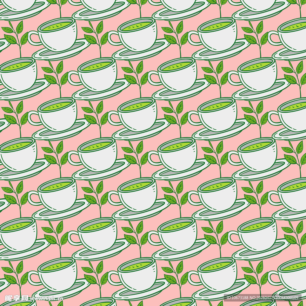 粉色背景茶杯绿叶图案
