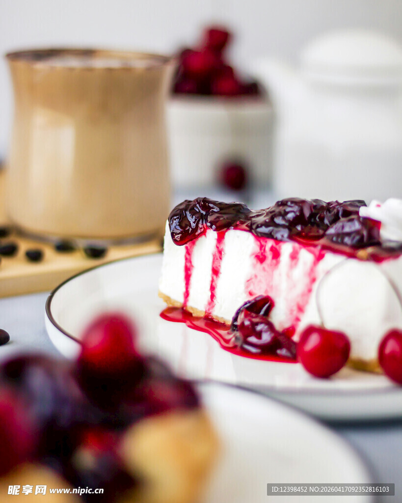美味樱桃芝士蛋糕特写
