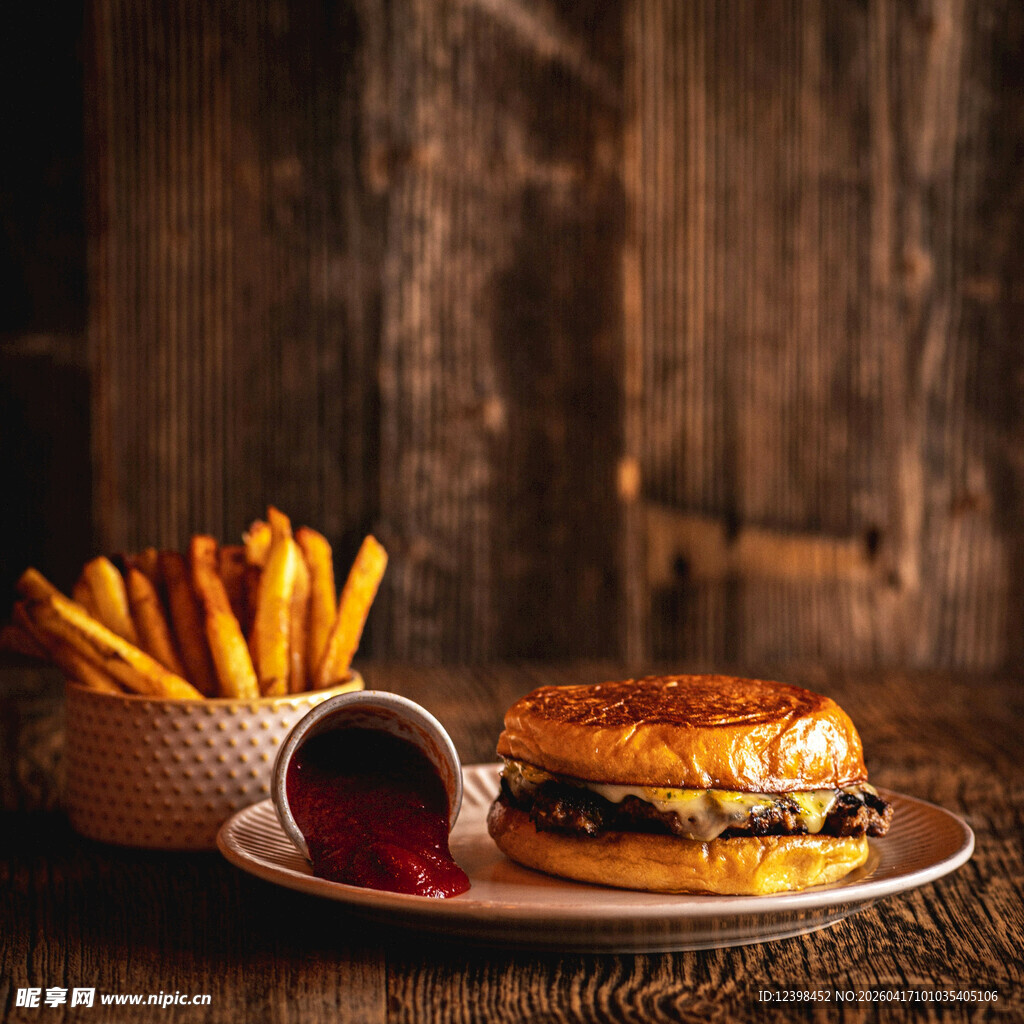 美味汉堡配薯条与蘸酱