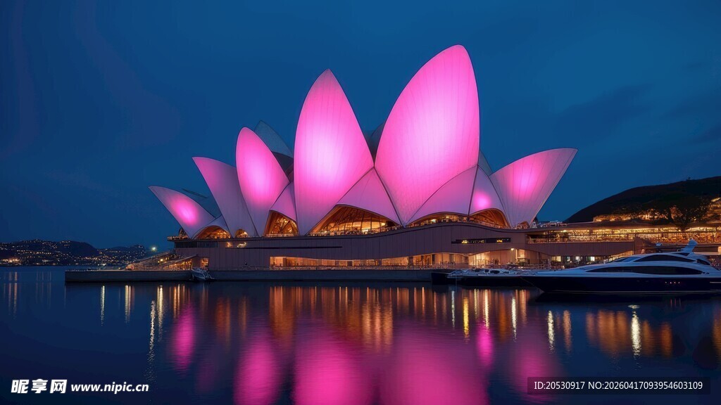 夜色中粉色灯光的悉尼歌剧院
