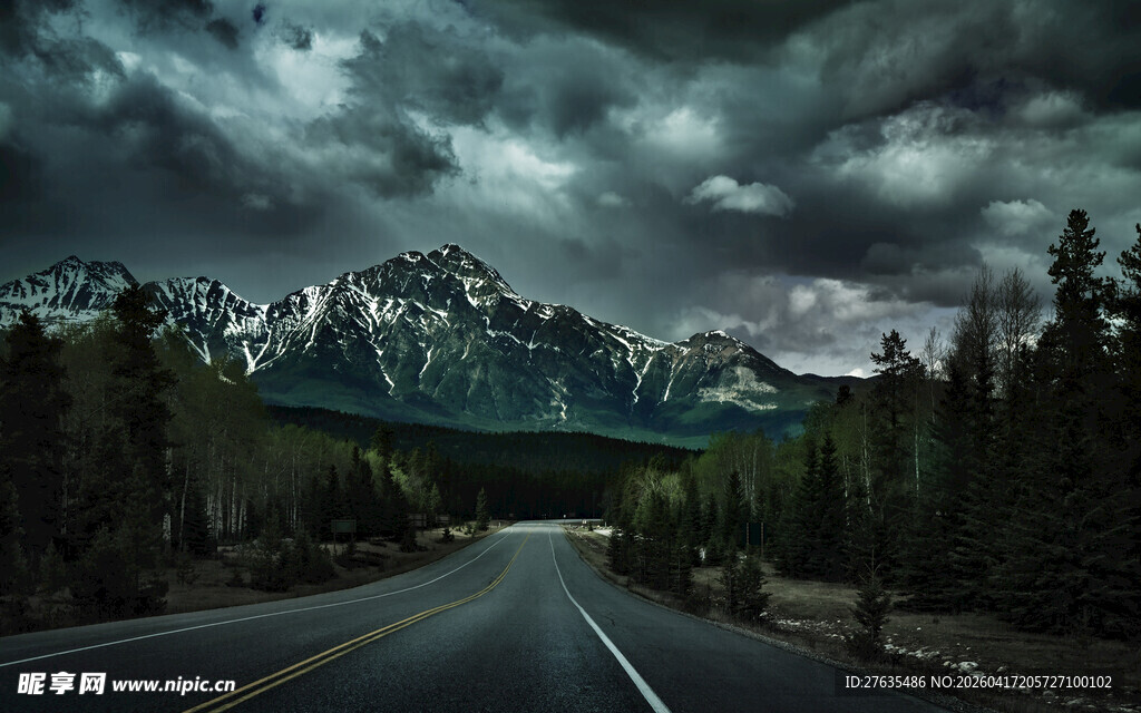 公路伸向云雾缭绕的山林