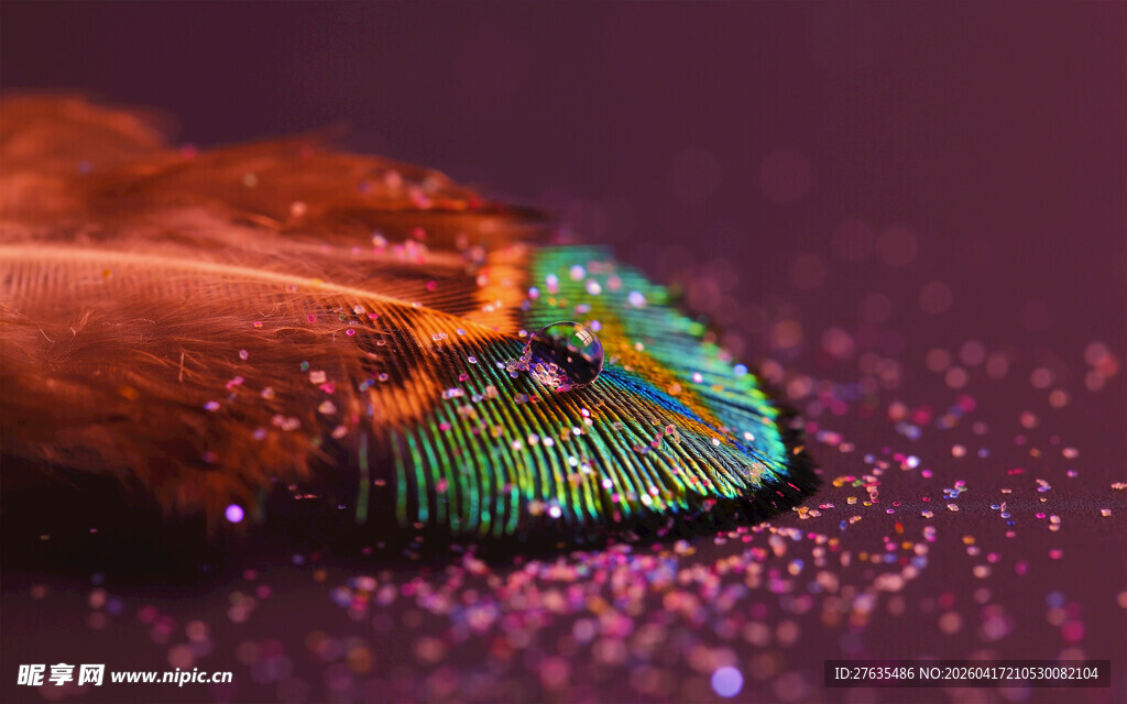 绚丽羽毛上的晶莹水珠