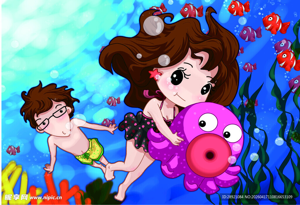 海底欢乐游的女孩与伙伴