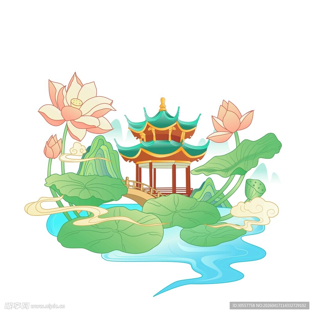 国潮中式荷塘凉亭风夏季荷花景观