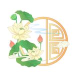 国潮窗格白荷花夏天景观