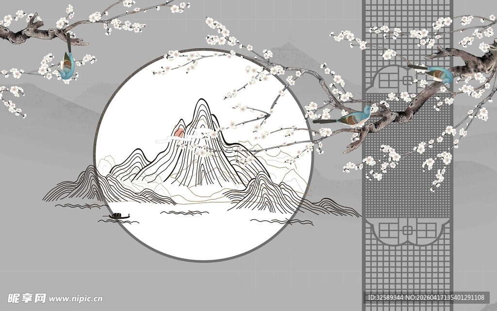 中 式山水樱花意境画作