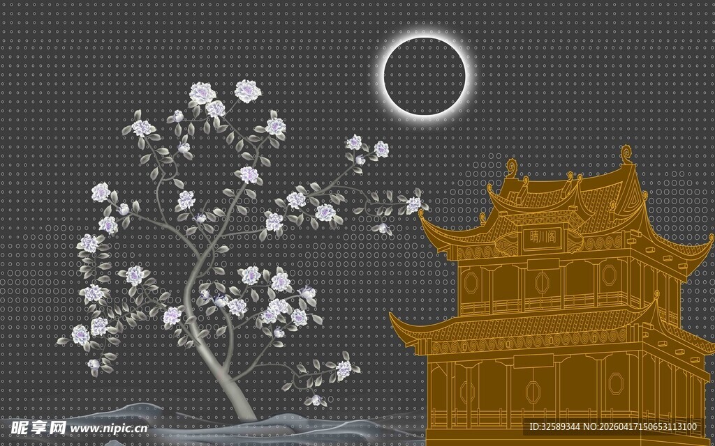 月夜下的古楼与繁花