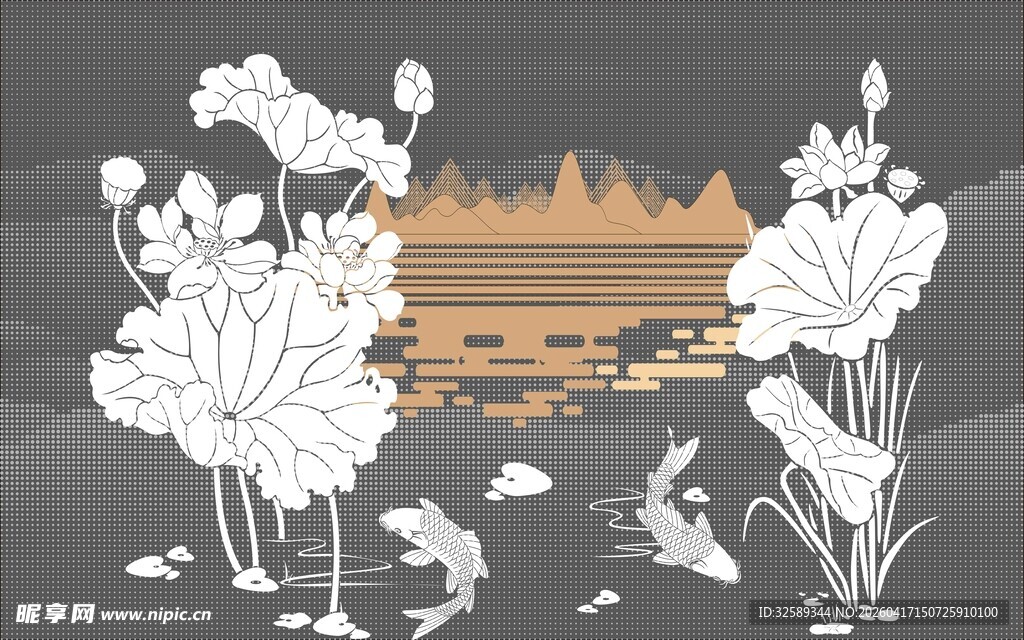 水墨荷花花卉湖景图