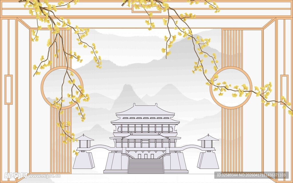 中式古典建筑插画意境图