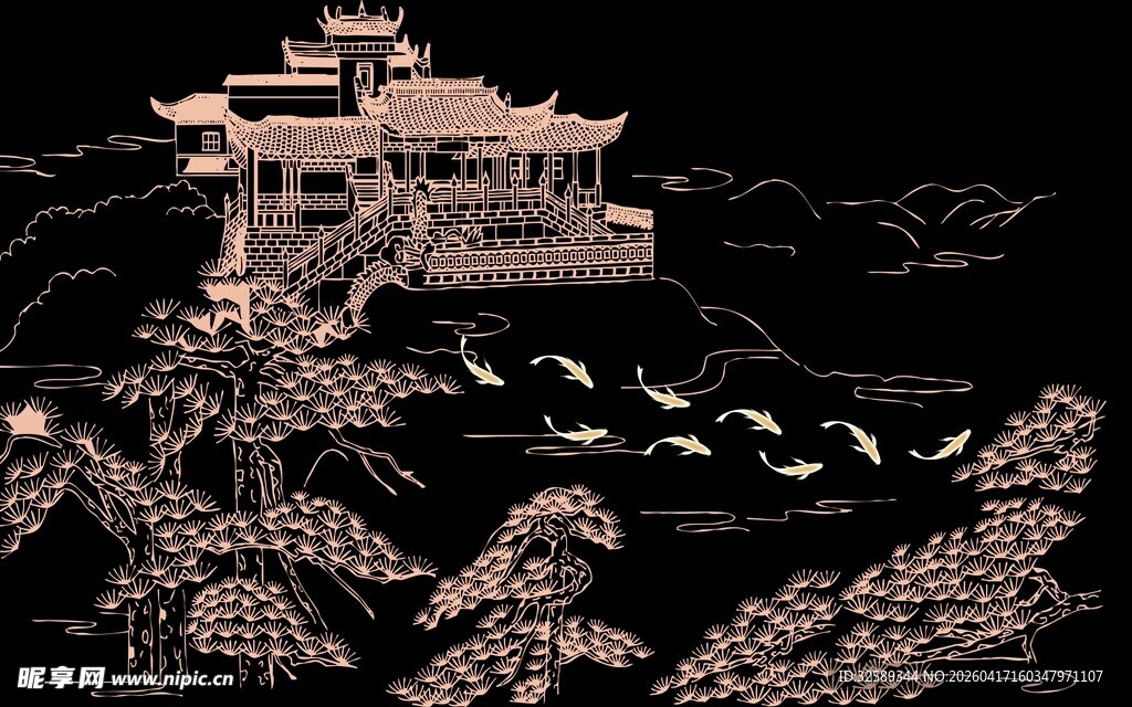 中式山水古建筑沙画艺术