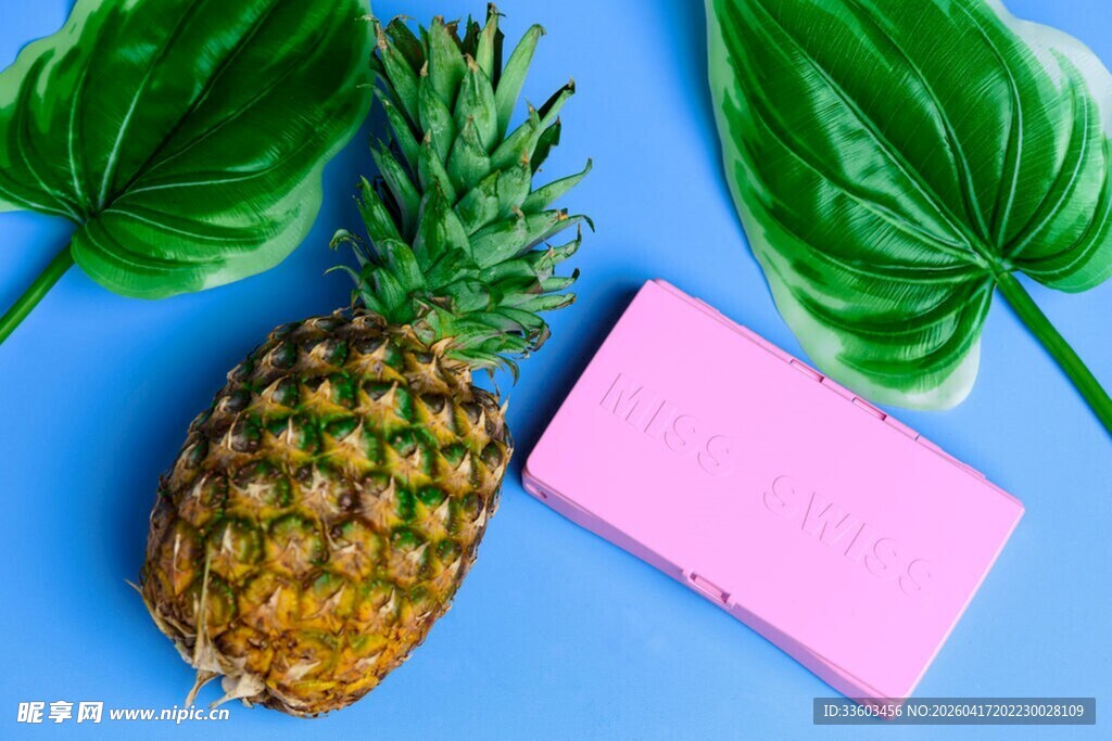 蓝底上的菠萝与粉色物件