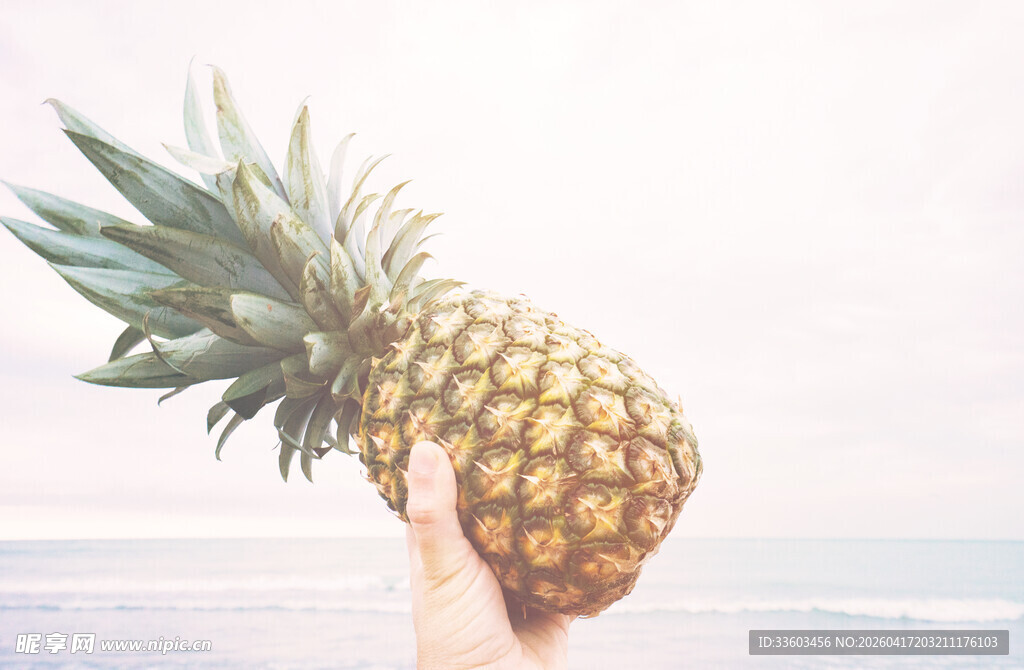 手持菠萝在海边的惬意瞬间