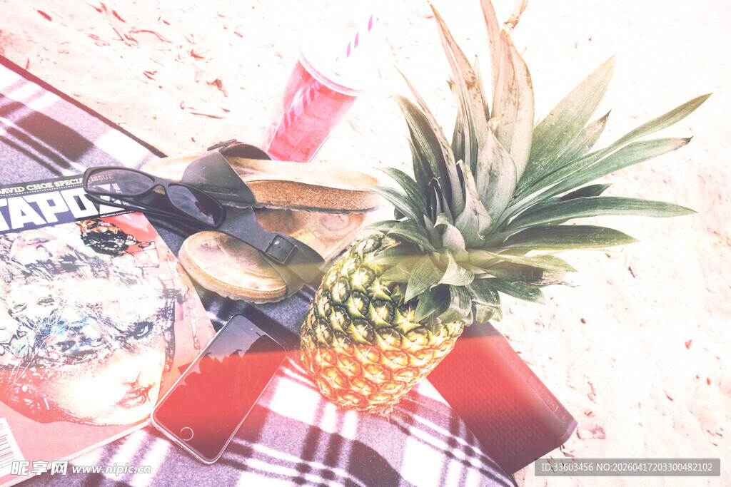 格子布上的菠萝与杂物