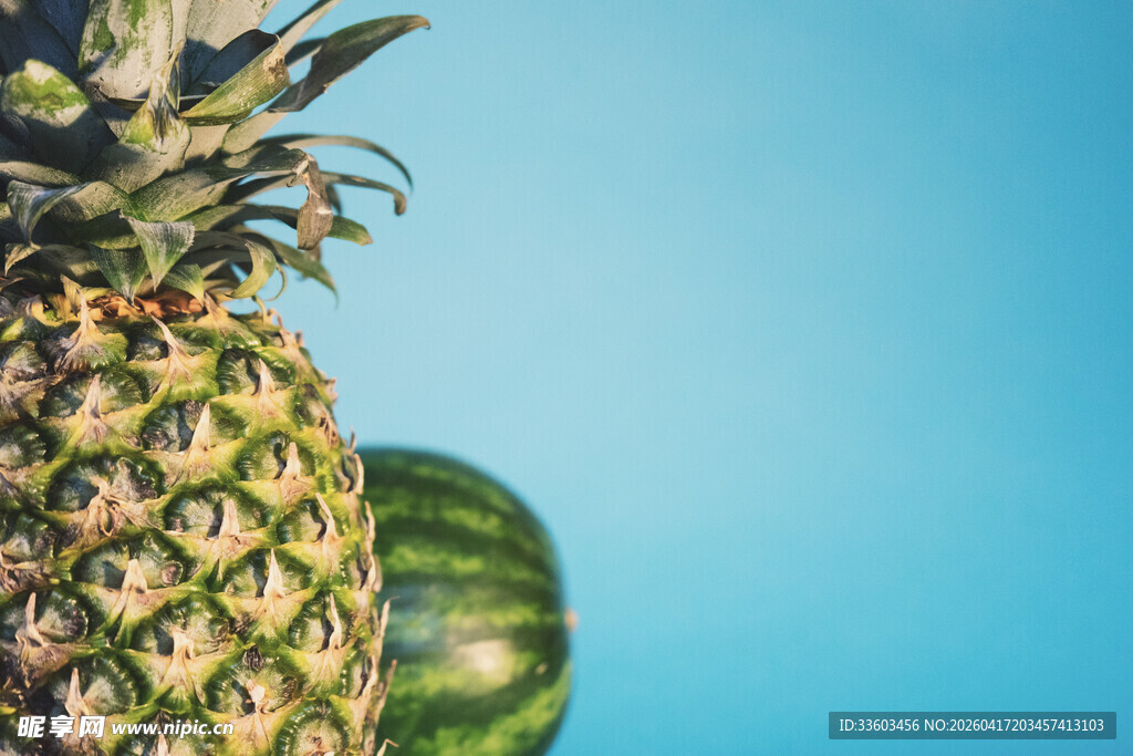 蓝背景下的菠萝与西瓜