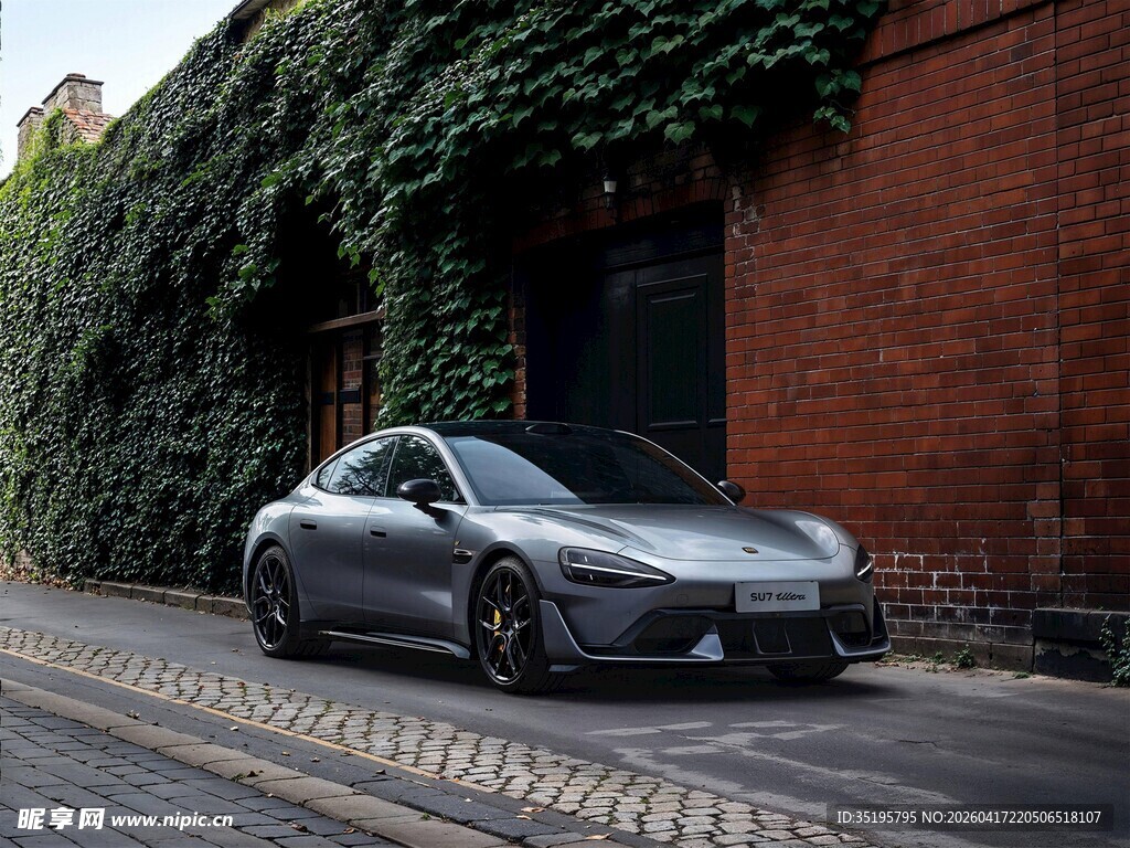 银灰特斯拉停于绿植砖墙旁