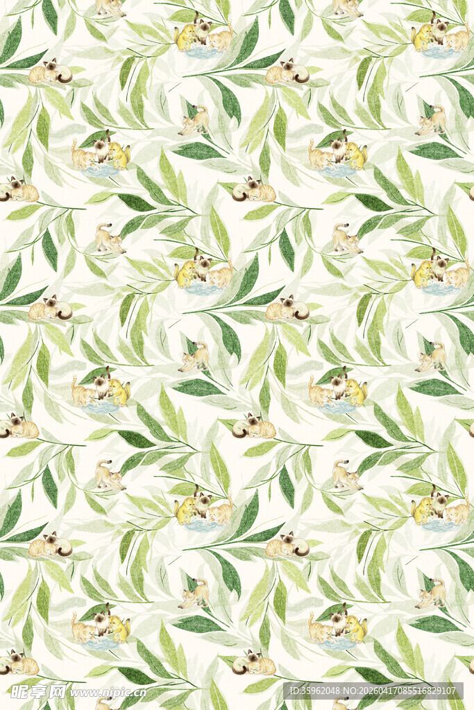 清新花卉绿叶无缝图案