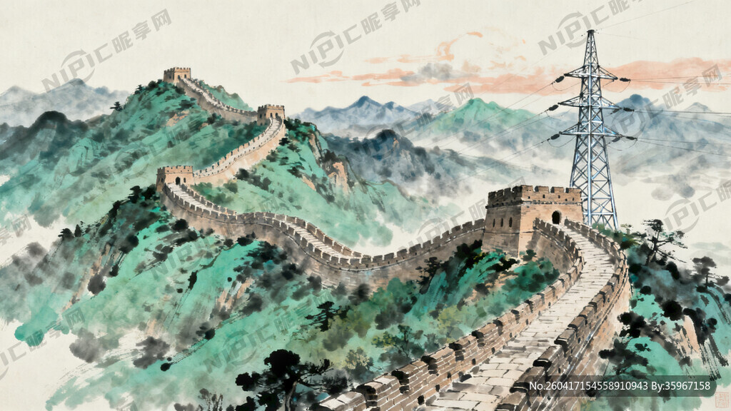 风景 长城 长城山水画 电塔