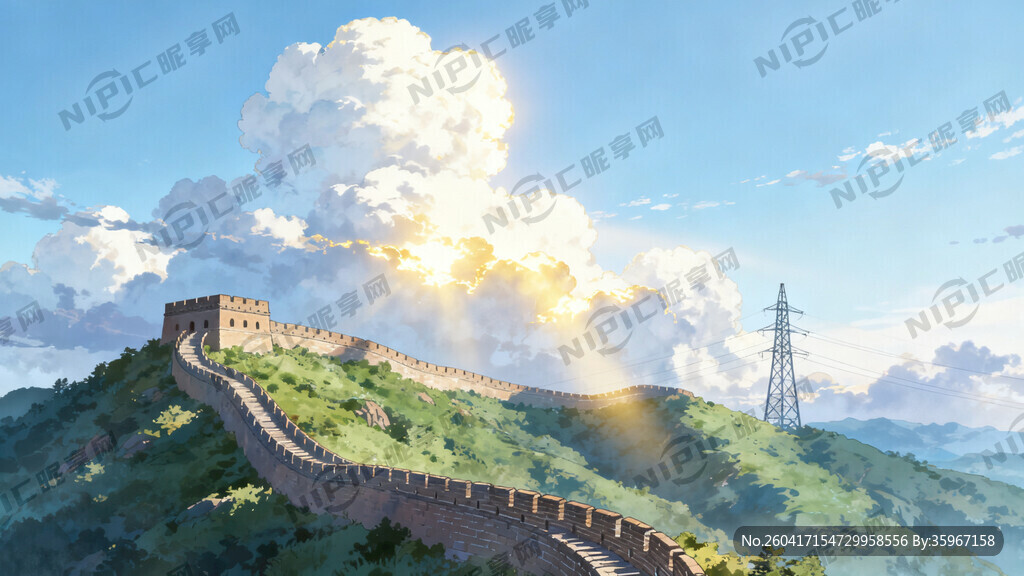 风景 长城 电塔 插画 背景