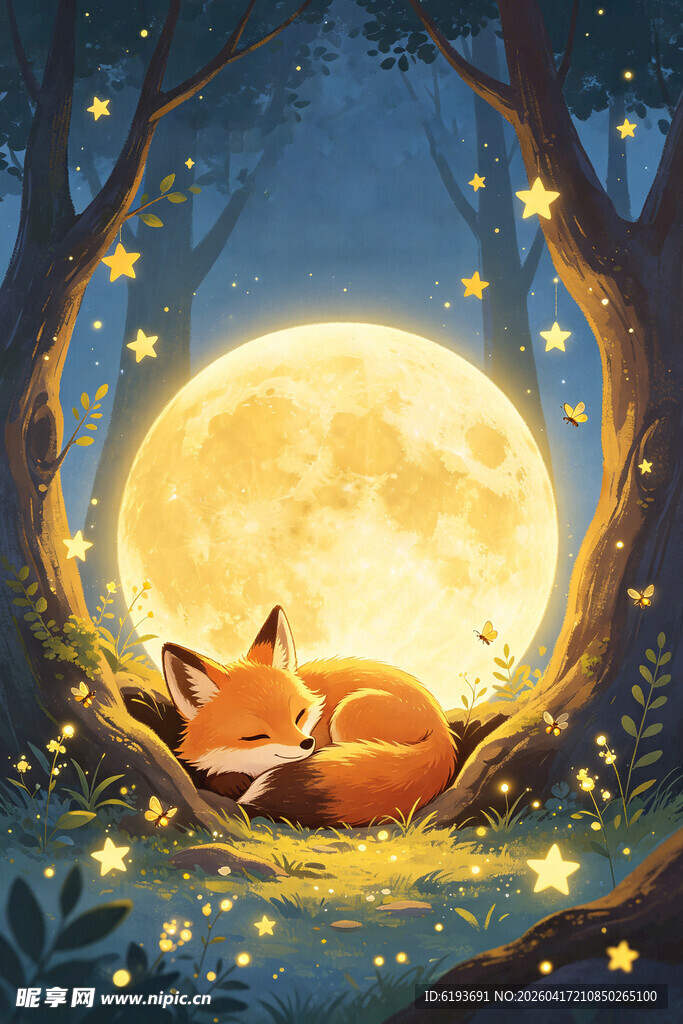 月夜下安睡的小狐狸