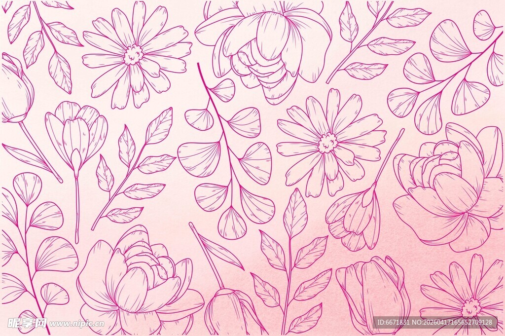 粉色花卉线条装饰图案