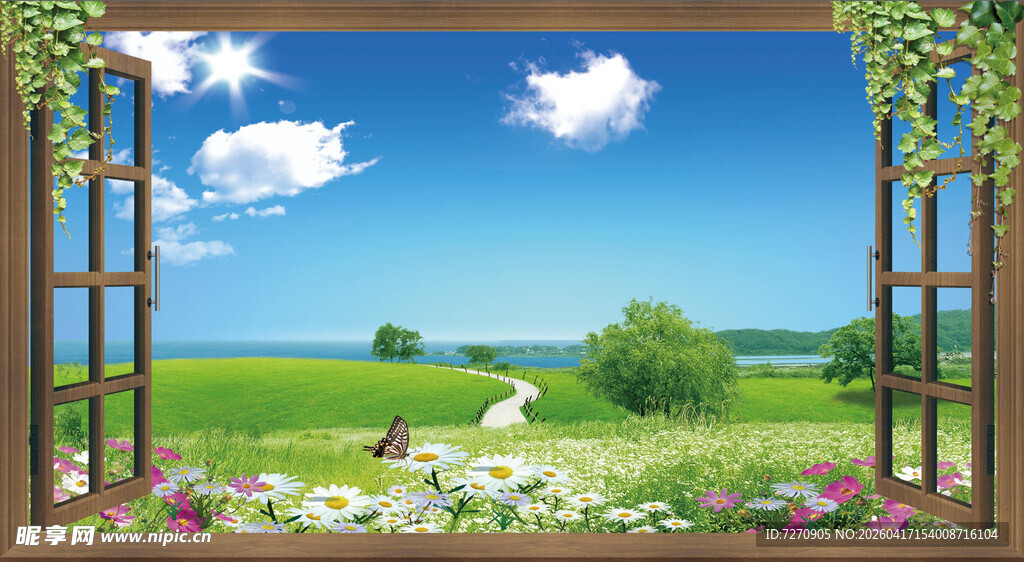  新中式3D窗户 田园美景如画