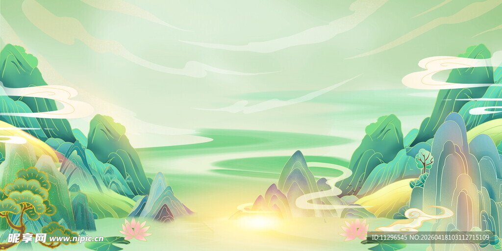 梦幻青绿山水风景插画
