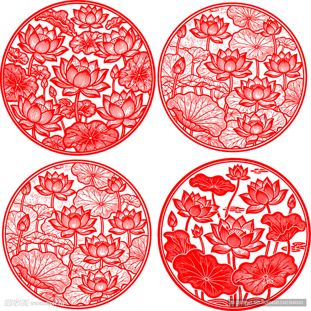 圆形红色花卉剪纸图案
