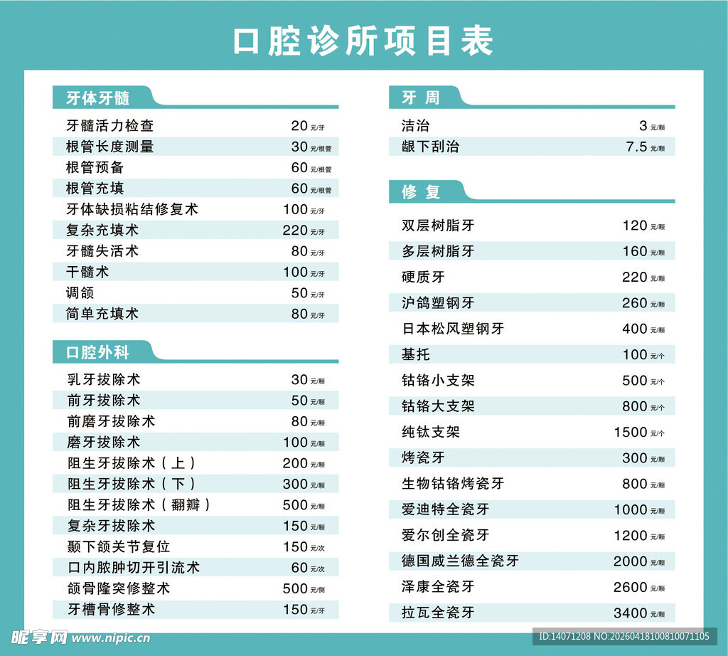 口腔诊所项目收费表