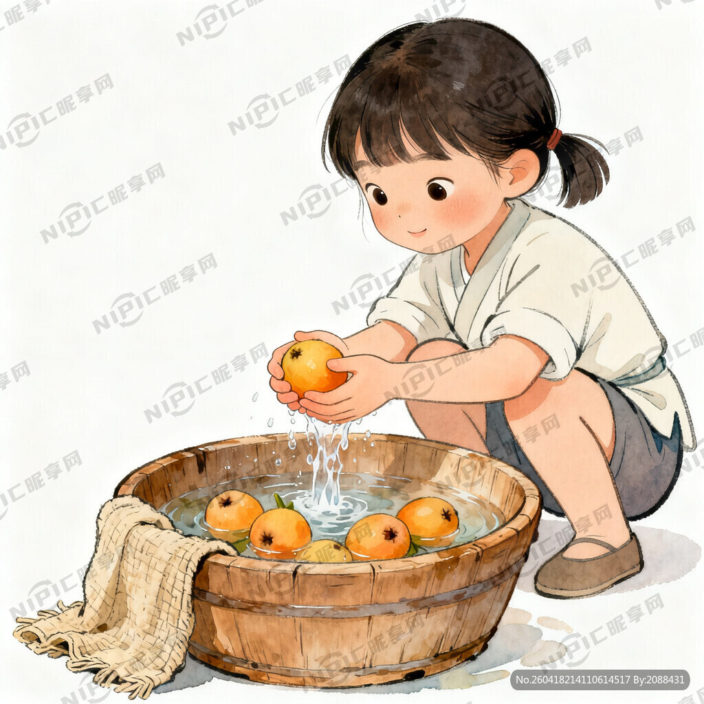 生成一张清洗枇杷的图 白色背景