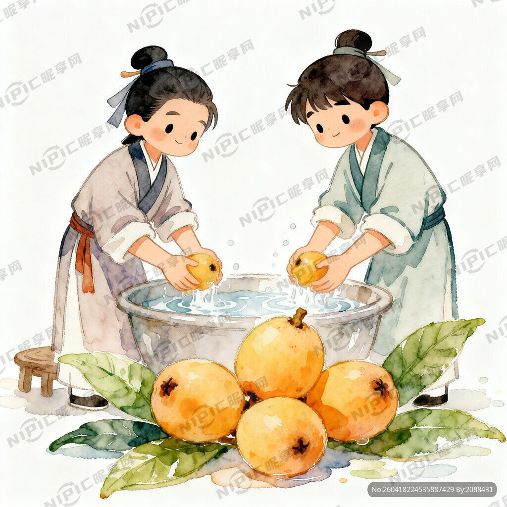 生成一张两个人清洗枇杷的图