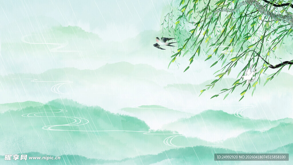 水墨山水间的垂柳飞鸟
