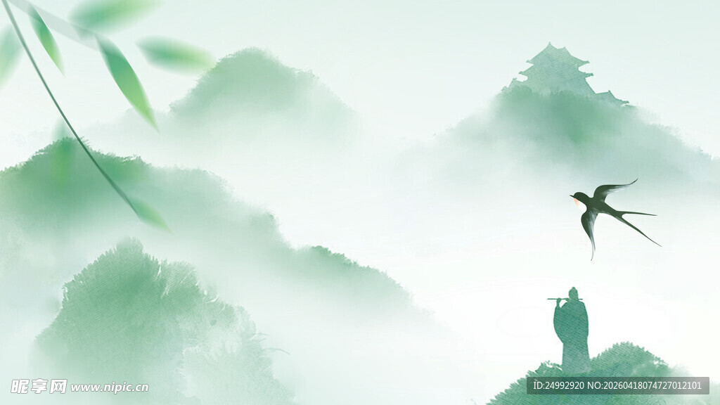 水墨山水间飞鸟景致