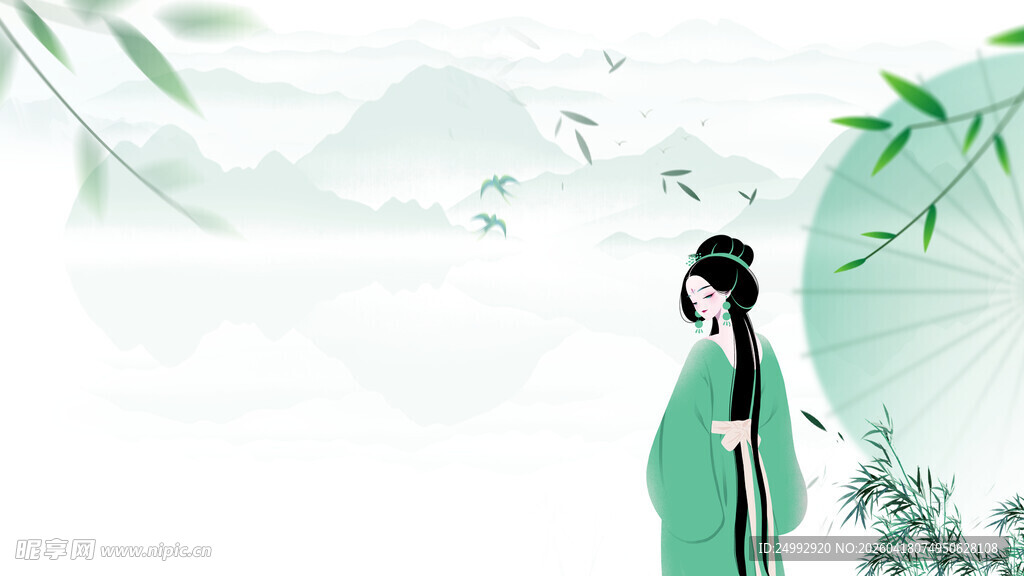 古风女子持伞立于山水间