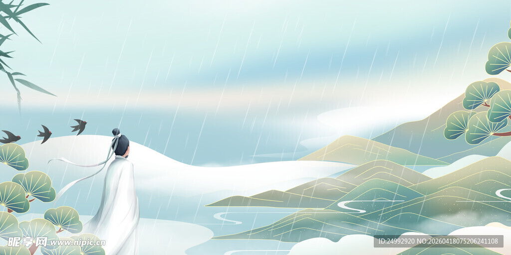 水墨山水间的飞鸟景致