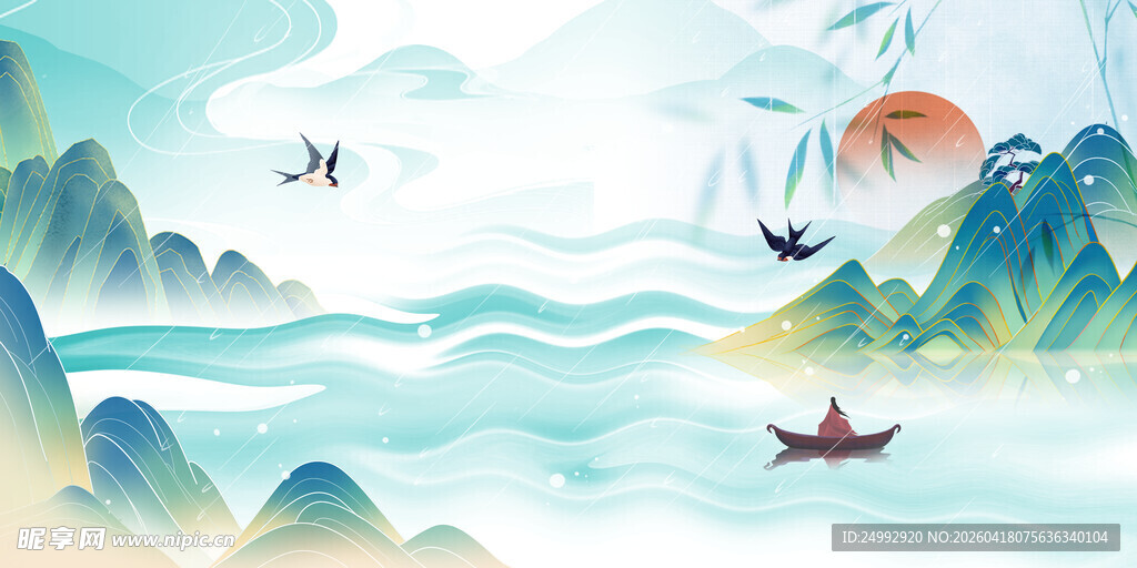 水墨山水间的悠然行舟景