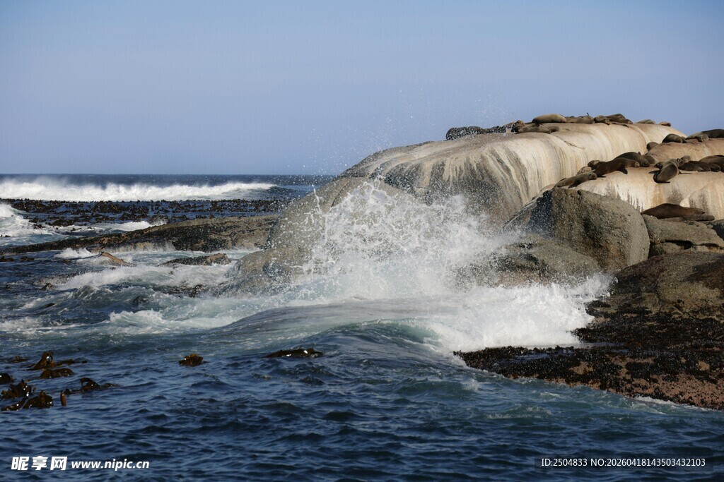 海浪拍打礁石的壮观景象
