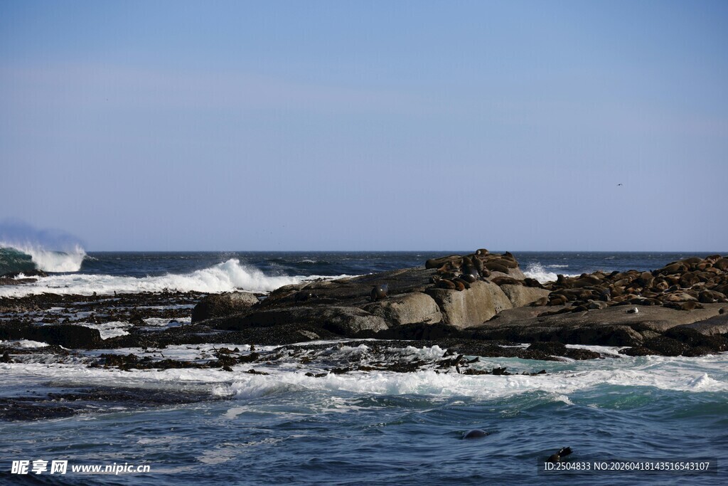 海边礁石与翻涌海浪