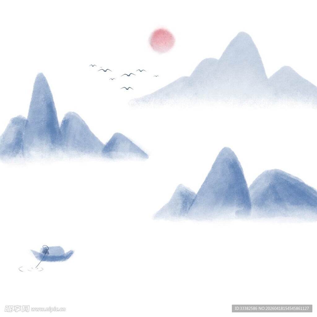 水墨山水间的孤舟落日