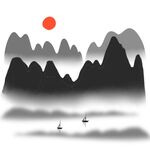 水墨山水间飞鸟伴红日