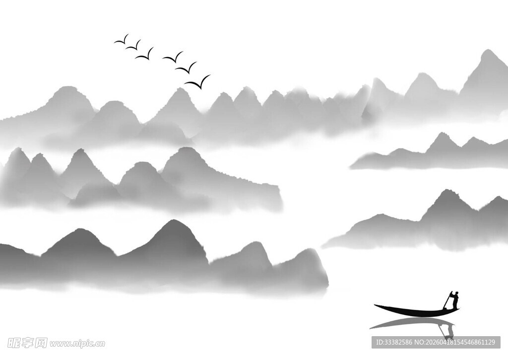 水墨山水间的孤舟飞鸟