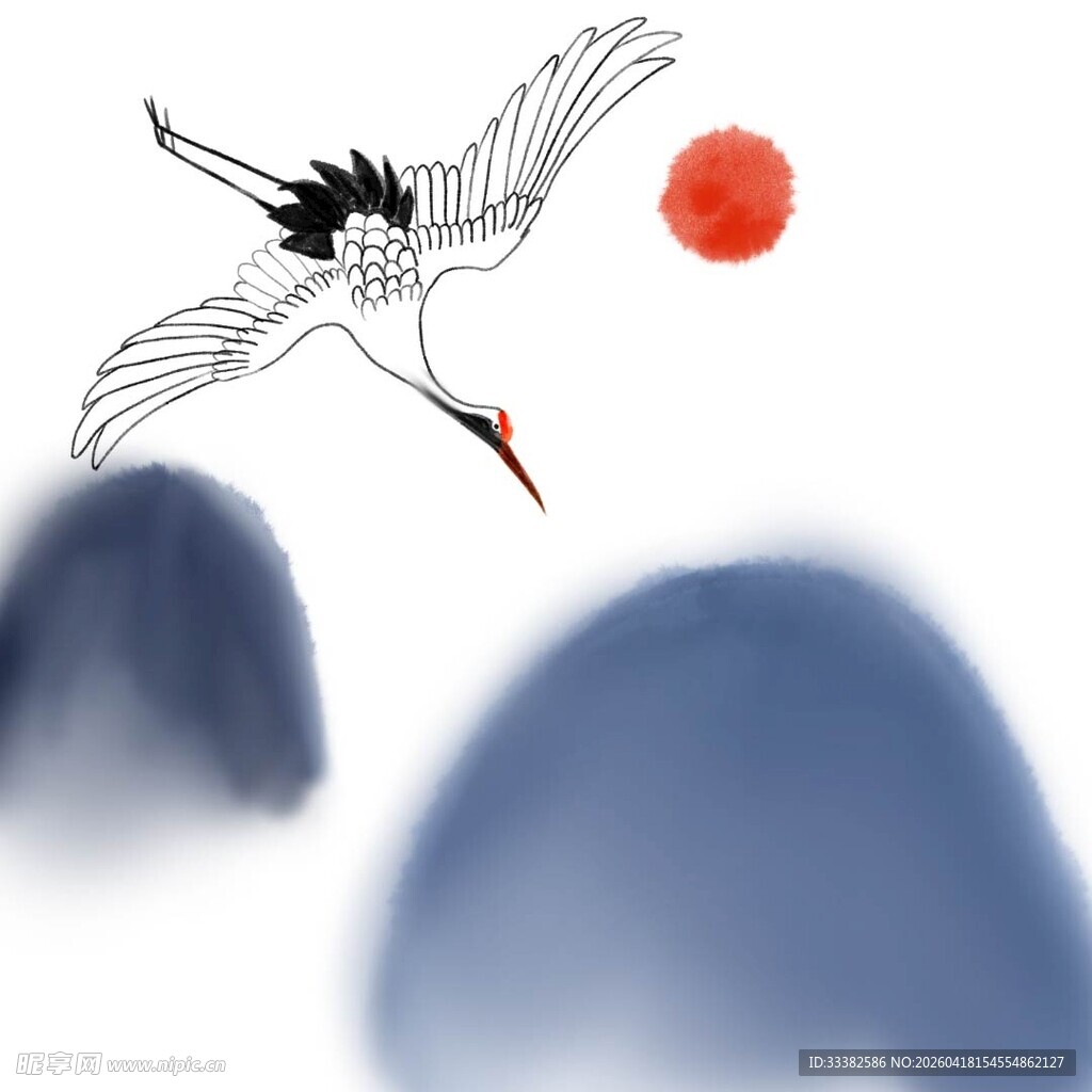 丹顶鹤伴红日飞于山峦间