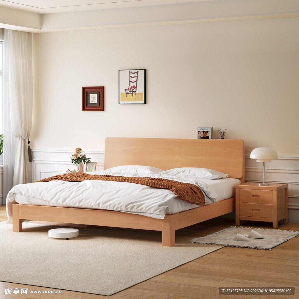 简约温馨卧室木质床场景