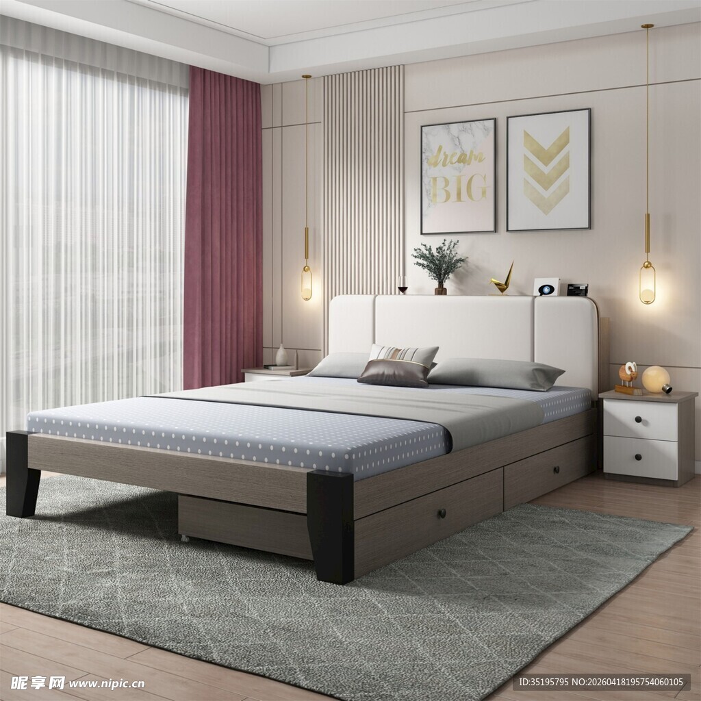 简约现代风格卧室床铺展示