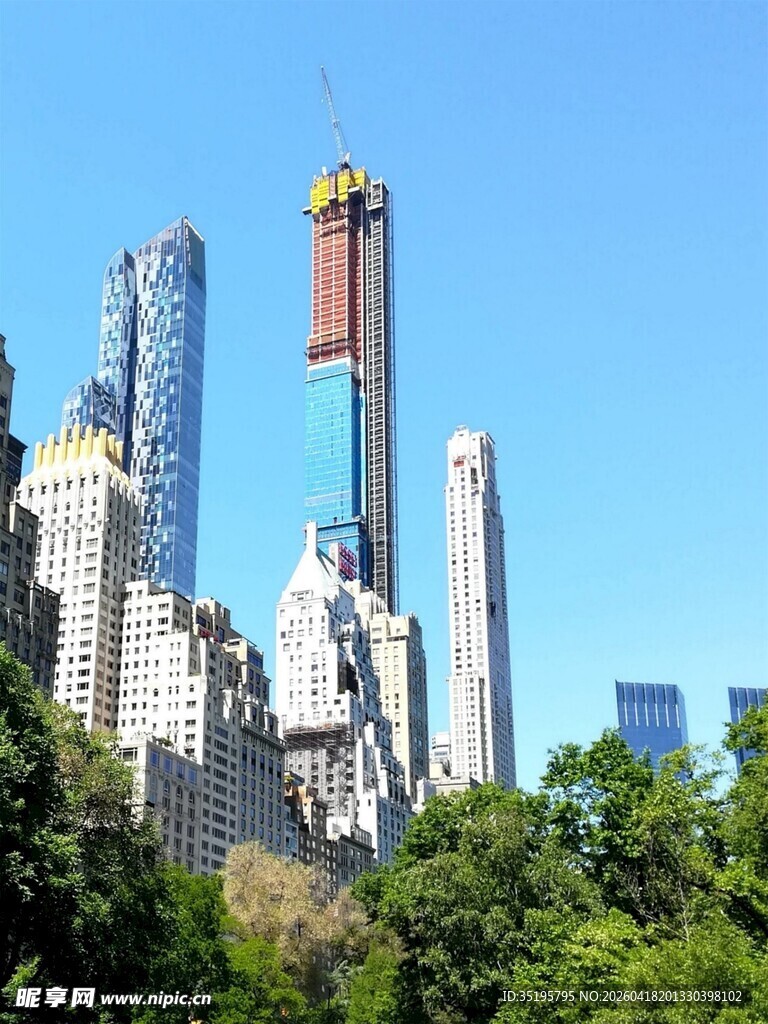 纽约城市天际线与绿树
